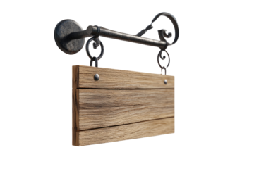 Rustic wooden sign hanging from ornate metal bracket