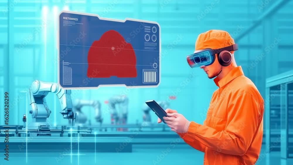Poster man in orange uniform with augmented reality glasses operates tablet near robotic arm. industrial en