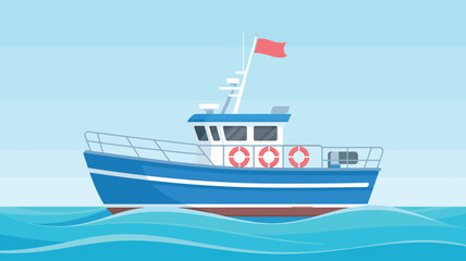  Illustration of blue and white boat with red flag floating on ocean waves under clear sky, symbolizing adventure, leisure, and travel
