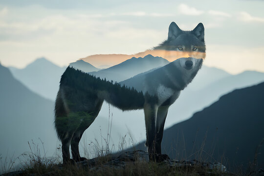 Photo of wolf standing on a rock with mountain landscape double exposure at sunset
