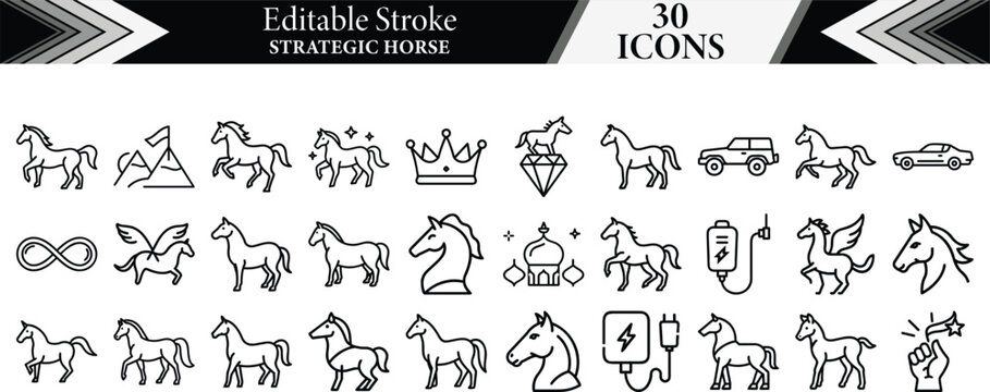 Strategic Horse icon set. War Stallion, Sovereign Steed, Titan Charger, Pinnacle Mare, Victory Colt, Noble Gallop, Infinite Mustang, Paragon Stallion. editable Vector collection