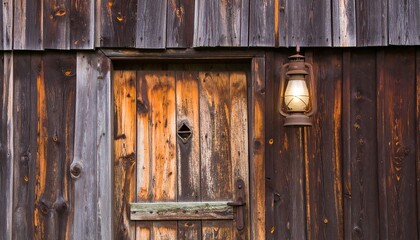 Rustic wooden barn door with lantern