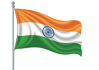  Indian national flag on flagpole with saffron, white, green stripes and Ashoka Chakra symbol representing unity and national pride