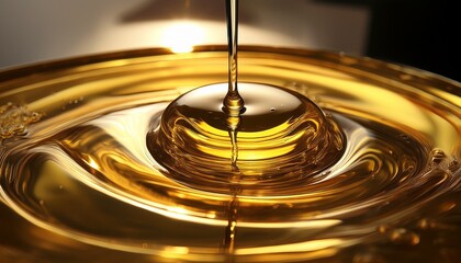 this close up captures the continuous anointing oil flow of a thick golden oil onto a smooth reflective surface emphasizing its texture and rich color