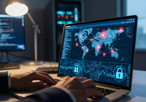 Cyber Security Professional Working on Laptop with Global Threat Map