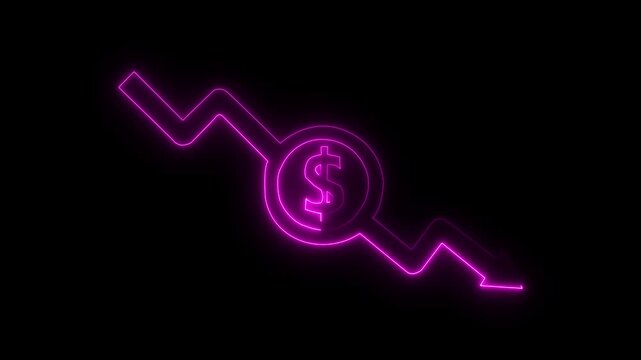 Money loss concepts. Cash down, arrow and dollar stocks graph, market fall. neon down arrow stocks graph with black background.4k video, black,background,
