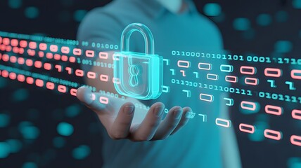 Cybersecurity Sanctuary: A person's open palm cradles a digital lock with binary code streams to symbolize network protection, data privacy and digital security.