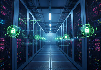 Secured Data Center with Green Lock Icons and Server Racks