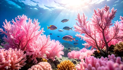 Fototapeta premium Underwater Scene with Pink Coral and Swimming Fish, Sunlit Ocean Depths.