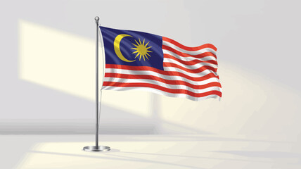 Malaysian flag waving on pole with red-white stripes, blue canton, yellow crescent and 14-point star—symbol of unity and national pride