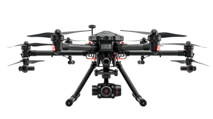 Heavy-duty professional drone with dual cameras and landing gear. 
Transparent PNG.Isolated octocopter on white. Transparent PNG for tech, film, and industrial use.