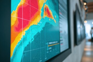 Digital map displaying tsunami warning on a large screen in a control room