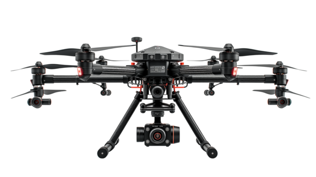 Heavy-duty professional drone with dual cameras and landing gear.
Transparent PNG.Isolated octocopter on white. Transparent PNG for tech, film, and industrial use. - Powered by Adobe