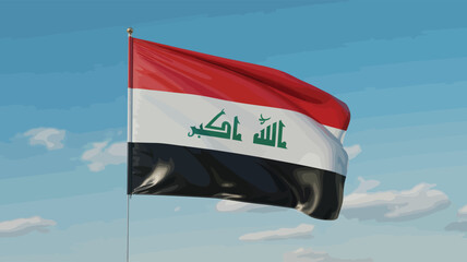 Iraqi flag waving against blue sky with red, white, black stripes and green “الله أكبر” text—symbol of pride, unity, and cultural strength