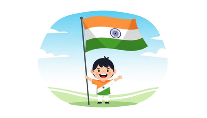 A joyful child proudly holds aloft the Indian flag against a serene landscape.