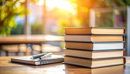 Educational books arranged in a stack on a wooden surface Background