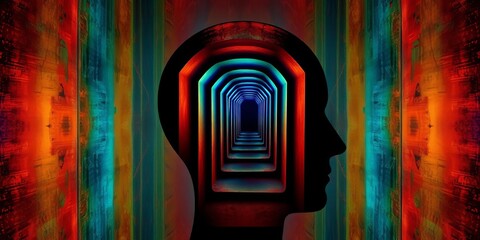 Abstract corridor maze within a head silhouette, suggesting mental problem-solving,  reflection,  contemplation
