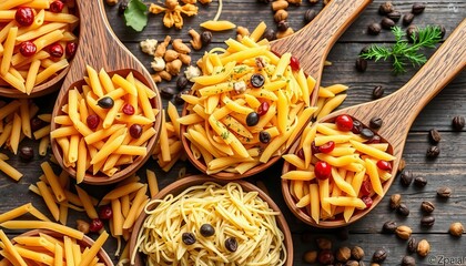 Assortment of dried Italian pasta in rustic wooden spoons and bowls, meal, traditional