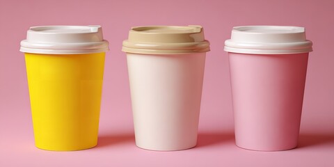 Three White, Yellow, and Pink Paper Cups with Plastic Lids on Plain Background — Minimal Beverage Packaging Concept