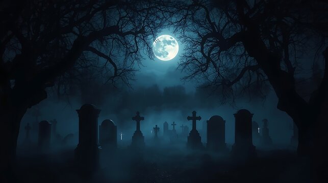 Full moon night in creepy graveyard with foggy cemetery tombstones and dead trees for haunted halloween backgrounds, horror stories, mystery themes and dark fantasy artworks - Powered by Adobe