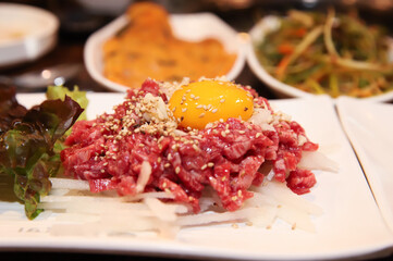 Traditional Korean food. raw beef sashimi