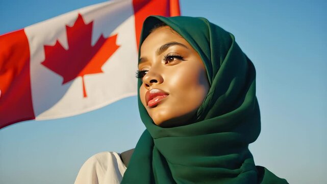 Young Muslim Woman in Green Hijab Gently Smiling with Canadian Flag Waving at Sunset &ndash; Realistic Portrait Symbolizing Identity and Diversity