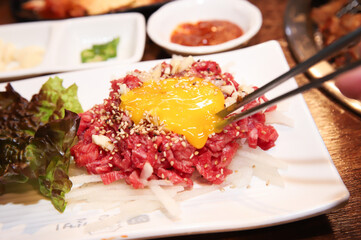 Traditional Korean food. raw beef sashimi