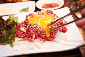 Traditional Korean food. raw beef sashimi