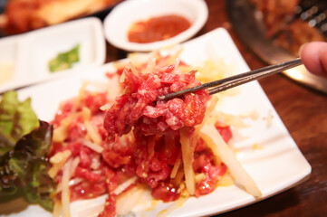Traditional Korean food. raw beef sashimi