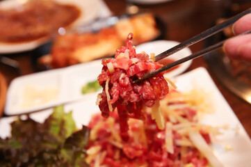 Traditional Korean food. raw beef sashimi
