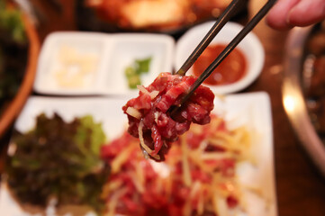 Traditional Korean food. raw beef sashimi