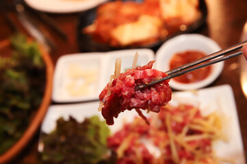 Traditional Korean food. raw beef sashimi