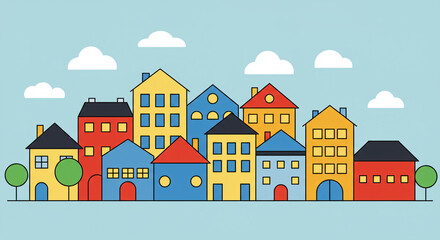 Colorful Town: A whimsical scene of vibrant houses and buildings of various shapes and sizes, nestled beneath a playful sky dotted with fluffy clouds.
