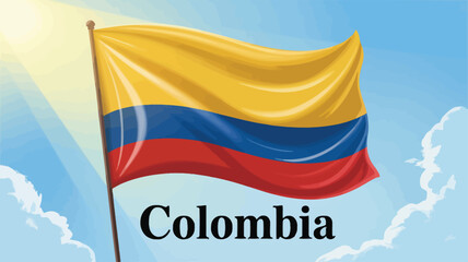 Colombian flag waving against blue sky with clouds and “Colombia” text—symbol of freedom, pride, and national identity 