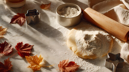 Autumn baking: dough, rolling pin, and leaf-shaped cookie cutters on a marble surface with fall leaves.