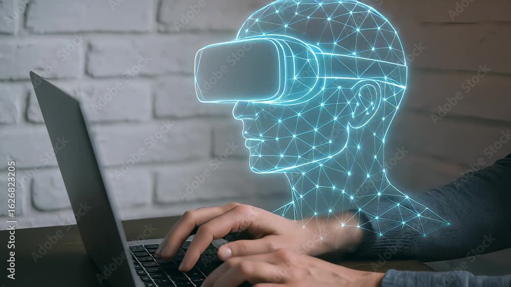Poster typing on a laptop with virtual reality interface illustrating immersive technology and its integrat