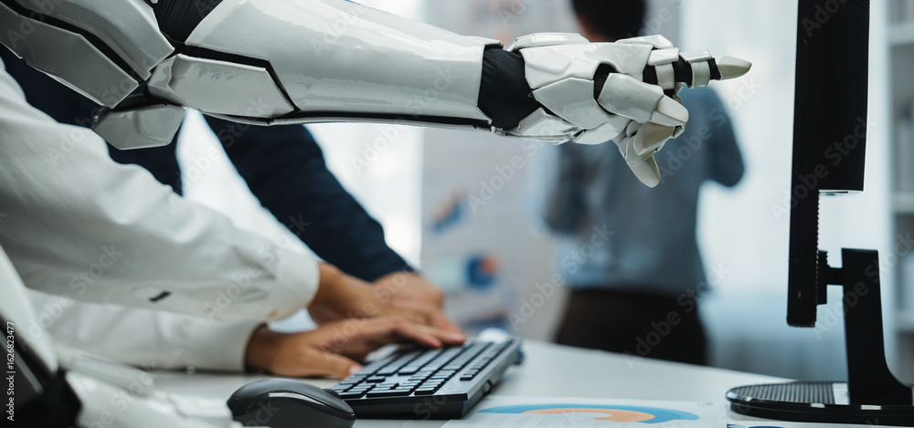 Aufkleber a robotic arm interacts with a computer in a modern office, embodying the spirit of innovation and c
