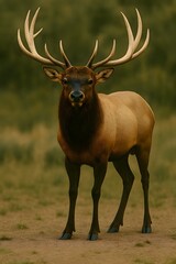 Fototapeta premium Brown elk with large antlers walking through the snowy forest