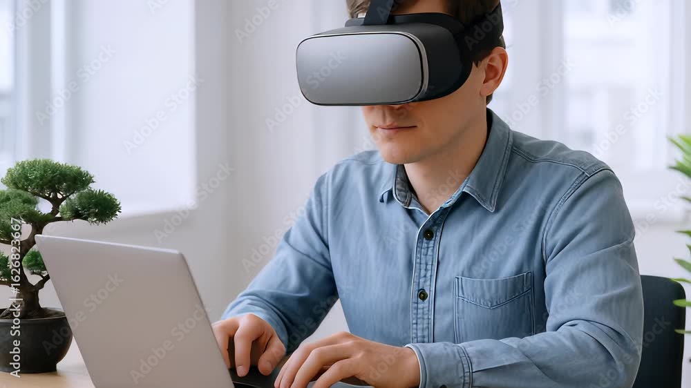 Aufkleber experiencing virtual reality technology with a headset in a modern workspace setting