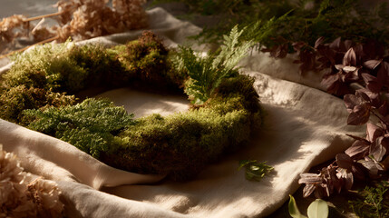 Moss and greenery wreath laying on neutral-colored linen, in a natural light setting.