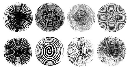 Textured organic hand-printed shapes featuring grungy linocut vector circles collection. Rough relief printing set with artistic stamps, concentric round textures