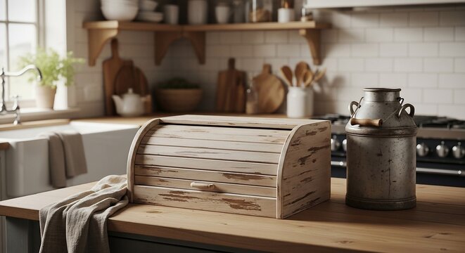 Rustic Kitchen Still Life: Distressed Bread Box and Vintage Milk Can