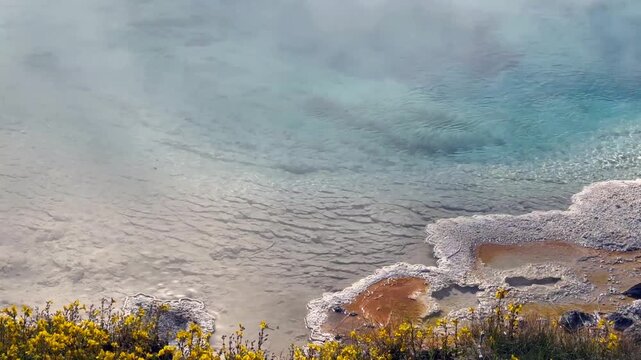 Steam rising from boiling hot water in the colourful Celestine Pool on the Fountain Paint Pot Trail in the Lower Geyser Basin in Yellowstone National Park. 