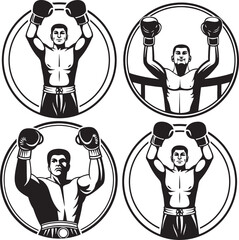 Set of four different black and white boxer logos in round frames. Great for use in branding, label designs, or sports team logos.