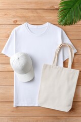 White t-shirt, cap and tote bag mockup on wooden background with tropical leaf