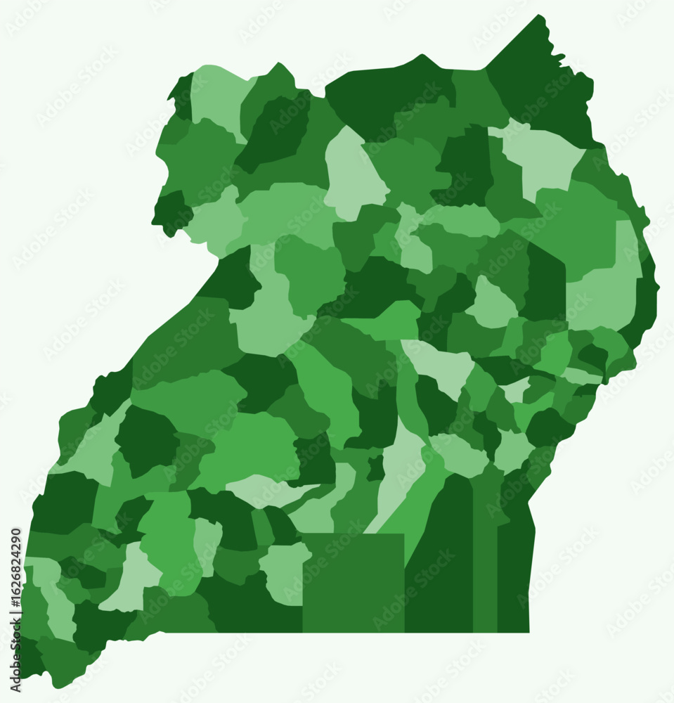 Poster map of uganda with regions. just a simple country border map with region division. green color palet