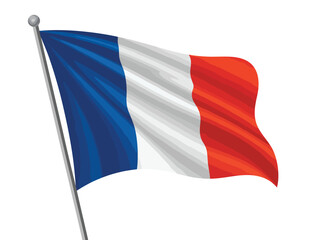 Waving French national flag on flagpole with vertical blue, white, and red stripes—symbol of liberty, unity, and cultural pride