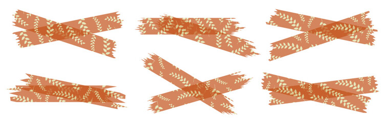 Set of semi-transparent washi tapes with pattern isolated on white. Tapes collection in vector. Pieces of decorative tape for scrapbooks. Torn paper. Spring, summer. Orange and yellow