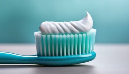 highlighting essential morning rituals this image captures a fresh toothbrush with its turquoise bristles generously coated with white toothpaste the focus on the brush head emphasizes cleanliness