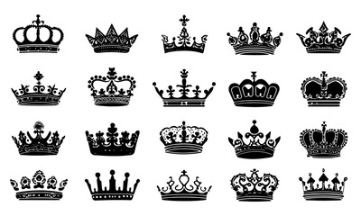 Hand drawn elegant crown icon set, vintage monarchy and royalty symbols, minimal ornate king, queen and imperial crowns, luxury royal graphic elements, regal crests, badges, noble tiaras